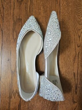 Betsey Johnson Crystal-Embellished Pointed Toe Flats in Cream